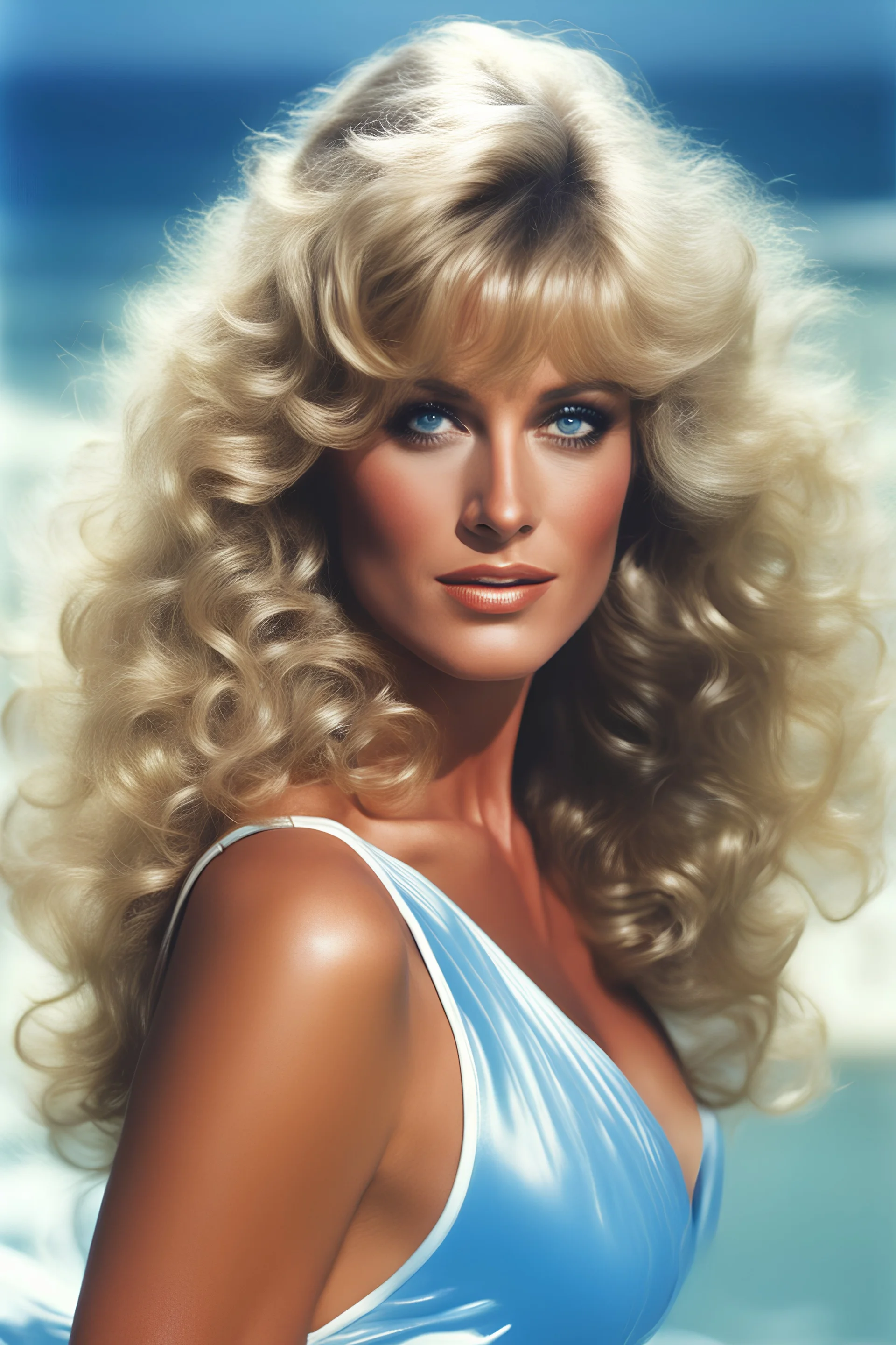 Farrah Fawcett with extremely wavy curly, blonde hair and blue eyes, posing for her famous swim suit poster