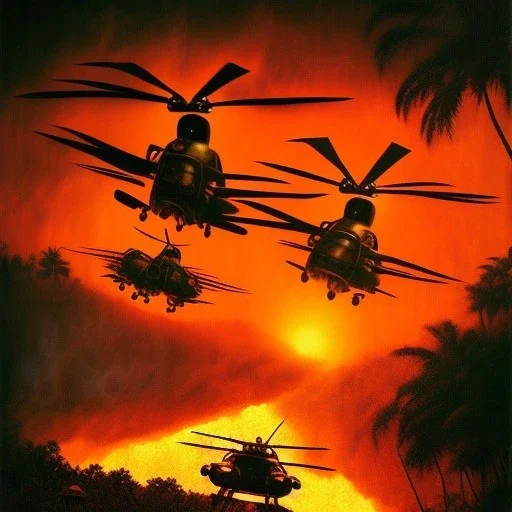 chopper, famous scene from the movie "apocalypse now", with "rambo" on the picture