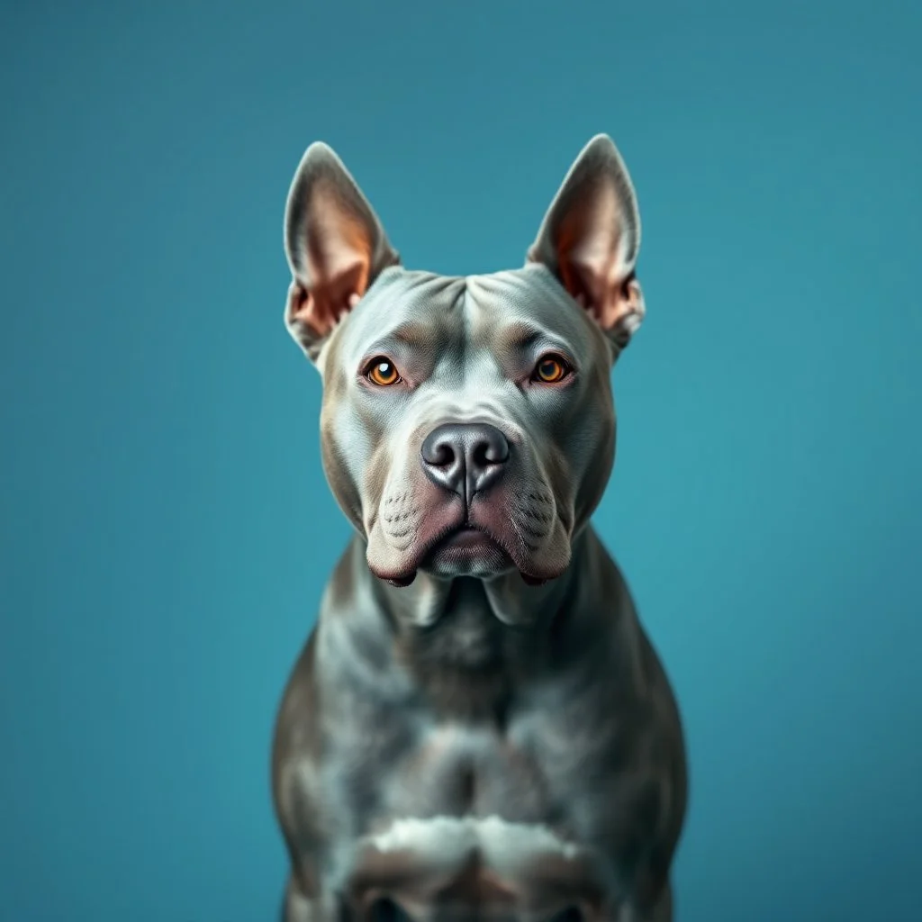 a gray pitbull in the center. background with a smooth gradient in warm blue tones, centered around the color #6CA5EC. Blend softly into complementary or analogous shades like muted aqua, seafoam, or soft mint