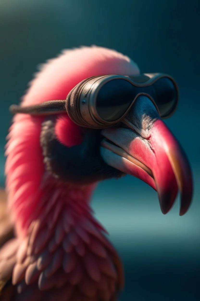 portrait of the flamingo wearing googles riding a plane over waves ,shot on Hasselblad h6d-400c, zeiss prime lens, bokeh like f/0.8, tilt-shift lens 8k, high detail, smooth render, down-light, unreal engine, prize winning