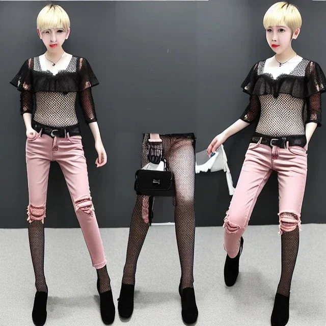 boylike guy boyish boylike shorthair (boyish face) (cleavage in the neckline) (wide hips) (big round hips) (ripped jeans with lace fishnet stockings with ruffles) (pink women's room)