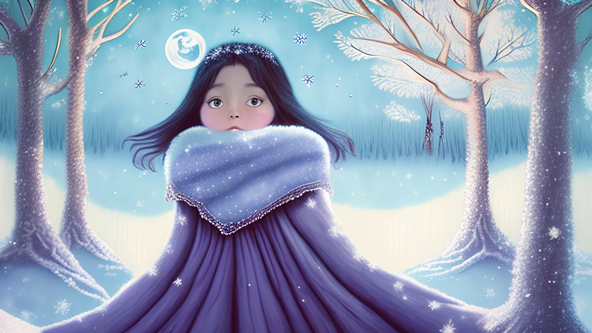 children's book style, each day, Luna drifted lazily through the frigid air, her descent a graceful dance. As she fell, she beheld the world below, a landscape transformed by winter's touch. The trees stood as silent sentinels, their branches adorned with glistening jewels of ice, and the ground lay beneath a blanket of pristine white.