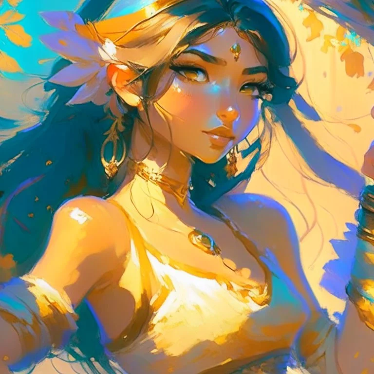 cute anime disney princess jasmine, key visual, glamour,sceane from princess mononoke movie, cute anime girl, dynamic pose, anime digital painting by loish + rossdraws + Pino Daeni, brush strokes, painterly, impressionist style, half painted, golden hour, digital art, 4k, full details