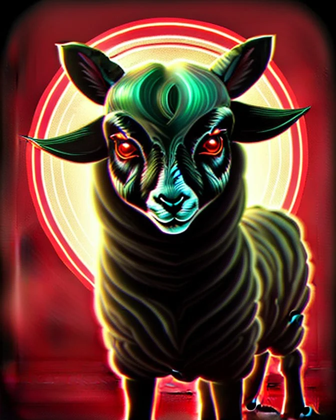 Comic book art style black lamb with red eyes, contrasting green meadow, cartoonist, digital portrait, dark fantasy, black iridescent skin, holographic, shiny, PVC texture, wet look, anime, gothic