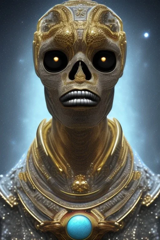 black male African Egyptian alien, cracks in the voodoo head, wicked, diamond eyes, crown, blood, 8k, finely detailed, photo realistic, tiger turquoise skull head gold dragon space alien snow skeleton gold teeth silver crown silver space suit spaceships