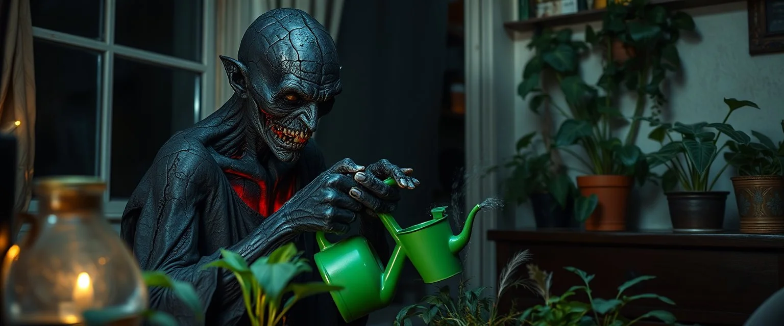 A terrifying black-charred vampire quietly watering a collection of ordinary houseplants in a small, slightly cluttered apartment at midnight. The vampire looks ancient and horrifying, its entire body blackened and fire-scorched, cracked charcoal-like skin with faint ember-red glow deep inside the fissures, soot-covered hands, pale unnatural eyes, burned and tattered clothing, traces of ash resting on its shoulders. It holds a small green watering can with careful, gentle precision, completely a