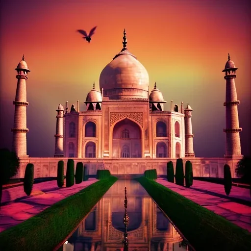 The Taj Mahal, Hindistan, sunset, fantasy art, flying birds, springs, waterfall