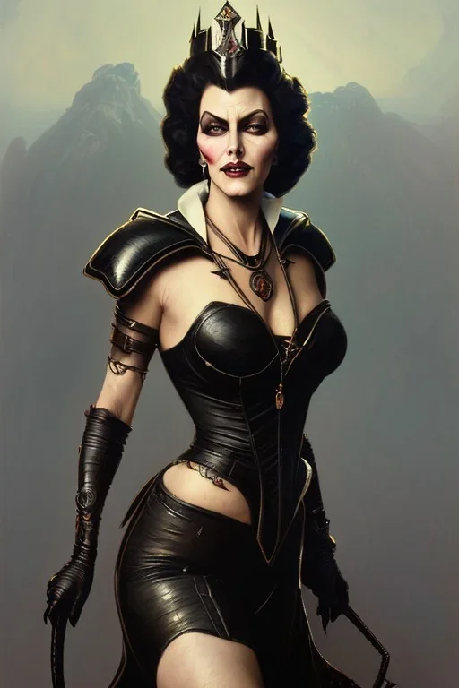 painting of evil queen in black leather, angry, strong, volouptous, busty, cleavage, emperious, mature, highly detailed, digital painting, artstation, concept art, smooth, sharp focus, illustration, art by gaston bussiere and alphonse mucha