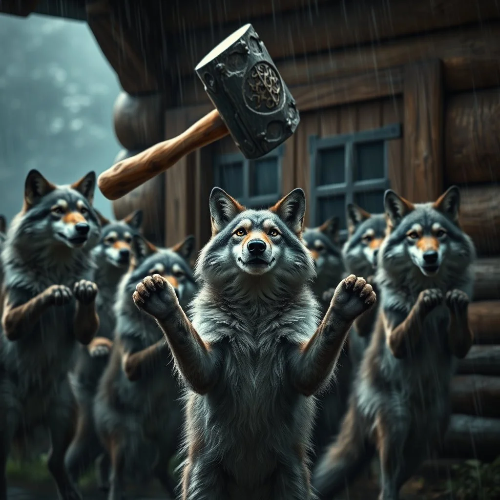 A group of anthropomorphic wolves react in surprise as one large hammer flies in the air against the wall of the wooden building. in the background other anthropomorphic wolves watch the scene unfold with expressions of shock and with surprise faces. one young anthropomorphic wolf in bodyhair stands in the foreground held up empty two paws, high realistic, detailed,dark fantasy mood, rain, cinematic