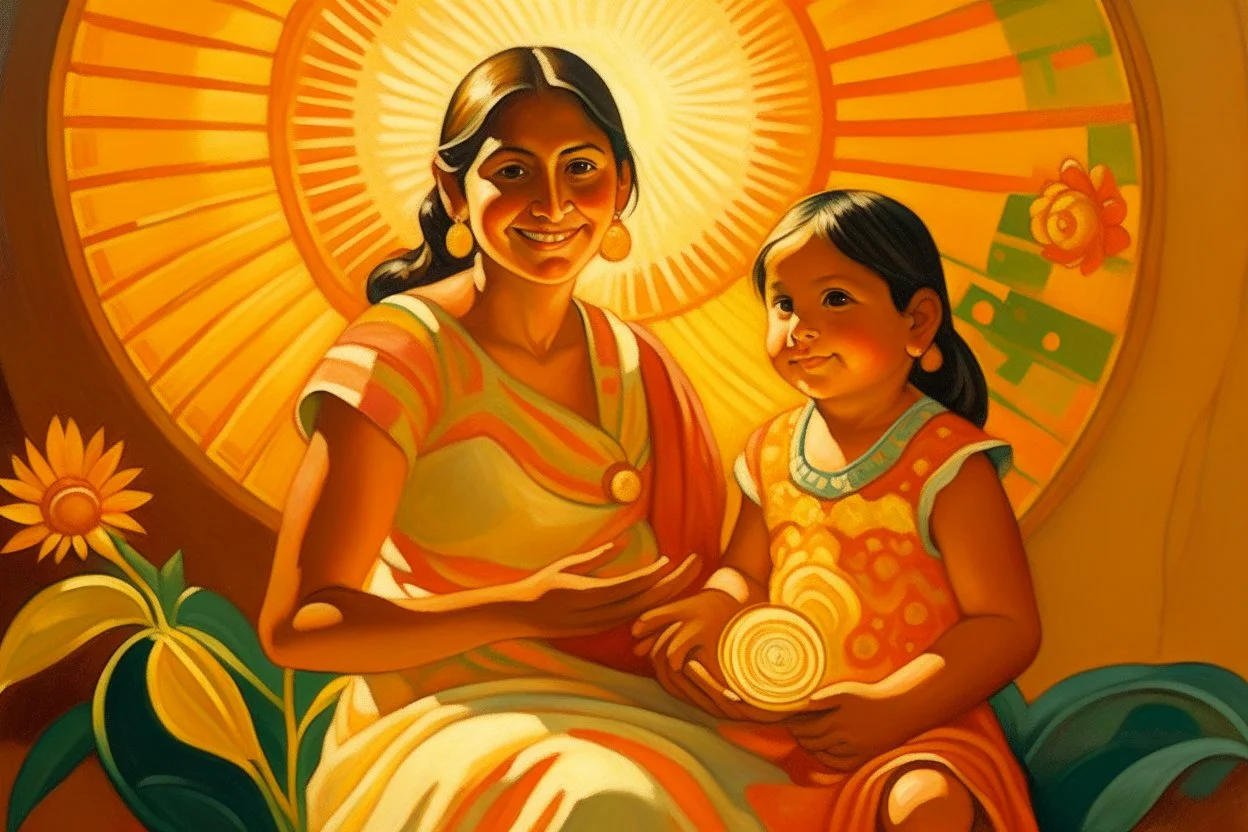 mexican woman and child mother looking at child painting neoclassism whole body zoom the sun smiling