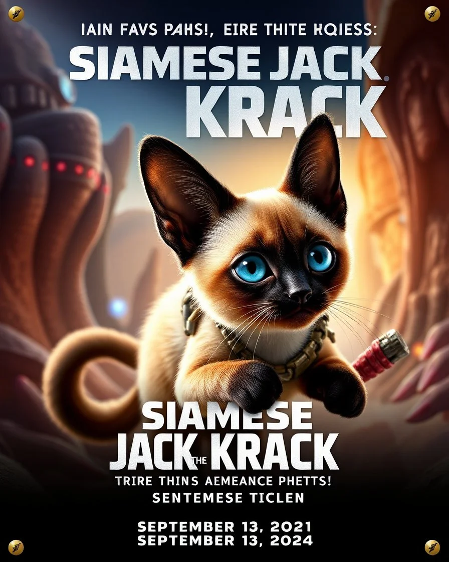 Create a realistic movie poster for 'Siamese Jack the Krack' featuring a siamese in an adventurous setting, with futuristic elements, dramatic lighting, and the tagline 'Tiny Paws, Epic Quests: Unleash the Adventure with Siamese Pete!' with a release date of September 13, 2024