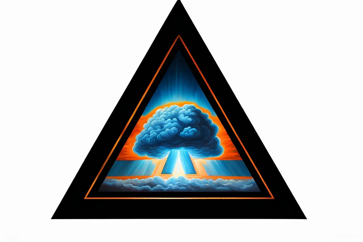 a nuclear explosion cloud, behind an orange glowing omega like shape, all inside an equilateral triangle, radiant lines, oil painting
