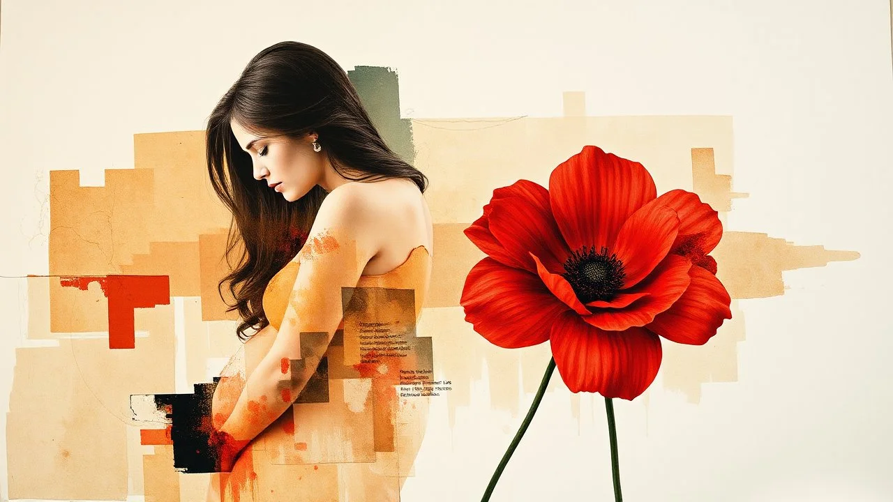 Abstract art, collage, mixed media, double exposure, portrait of pregnant woman, red flower, collage