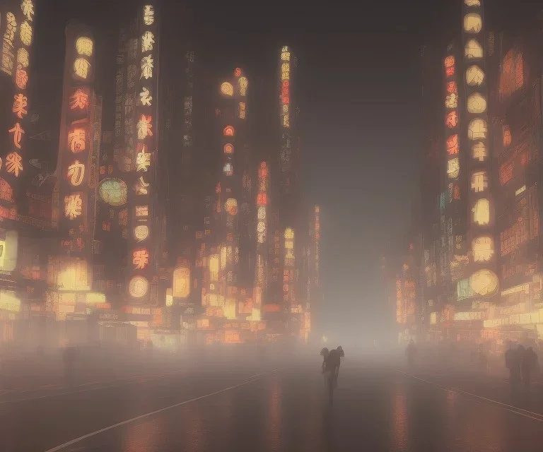 misty foggy area with a spirit in the middle of a bright japanese city at night