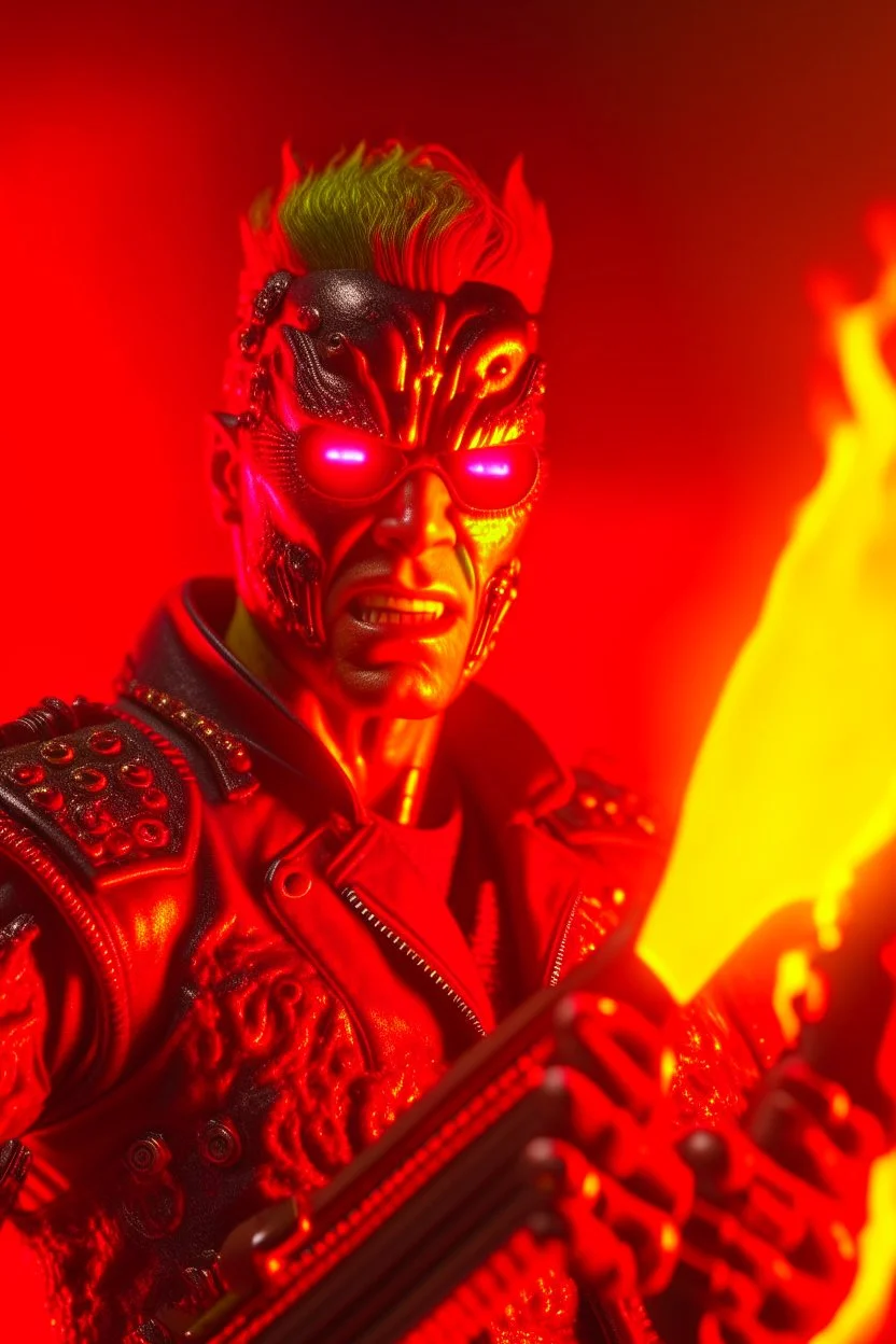 4k realistic terminator surrounded by flames with a red punk crest playing bass.