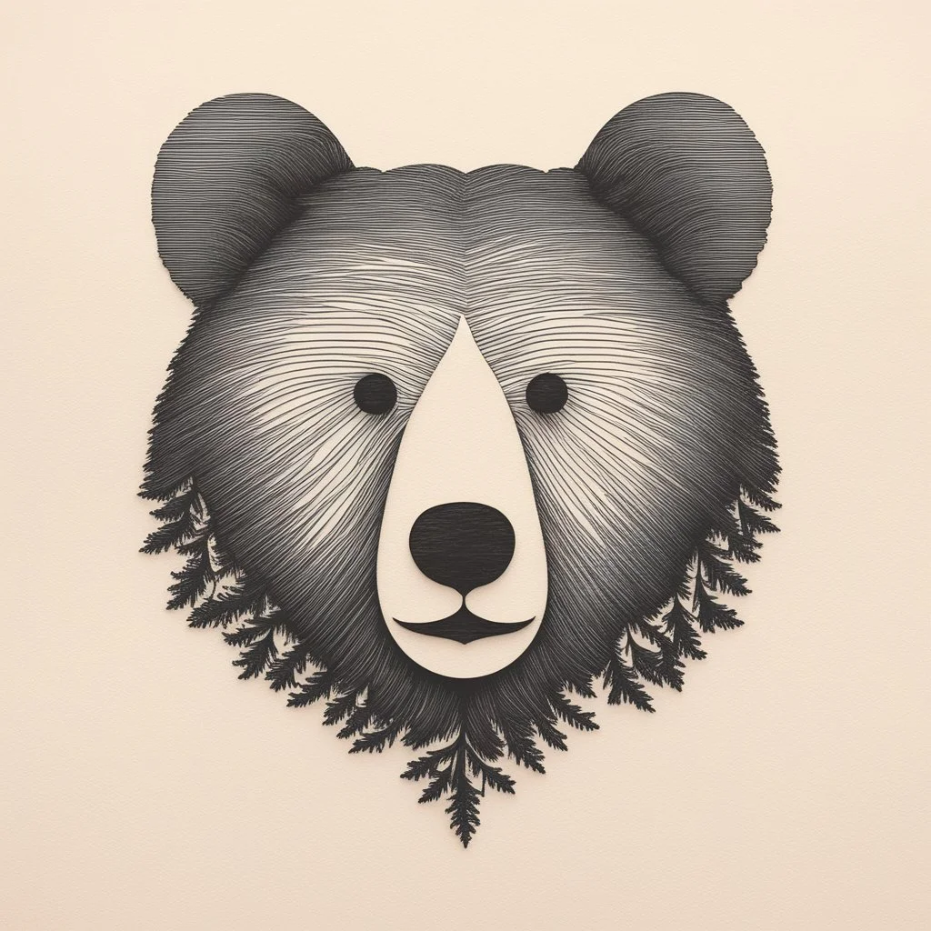 M shaped bear head combined with woods silhouette in background, letterpress style, minimalistic pencil art