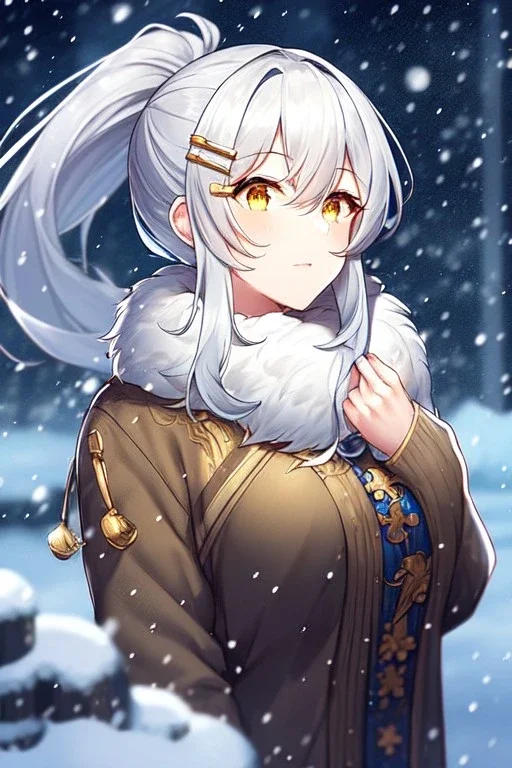 girl, masterpiece, best quality, cinematic lighting, detailed outfit, perfect eyes, silver hair, long hair, vibrant golden eyes, ponytail, messy hair, snowing, winter outfit, hairclip, depth of field,