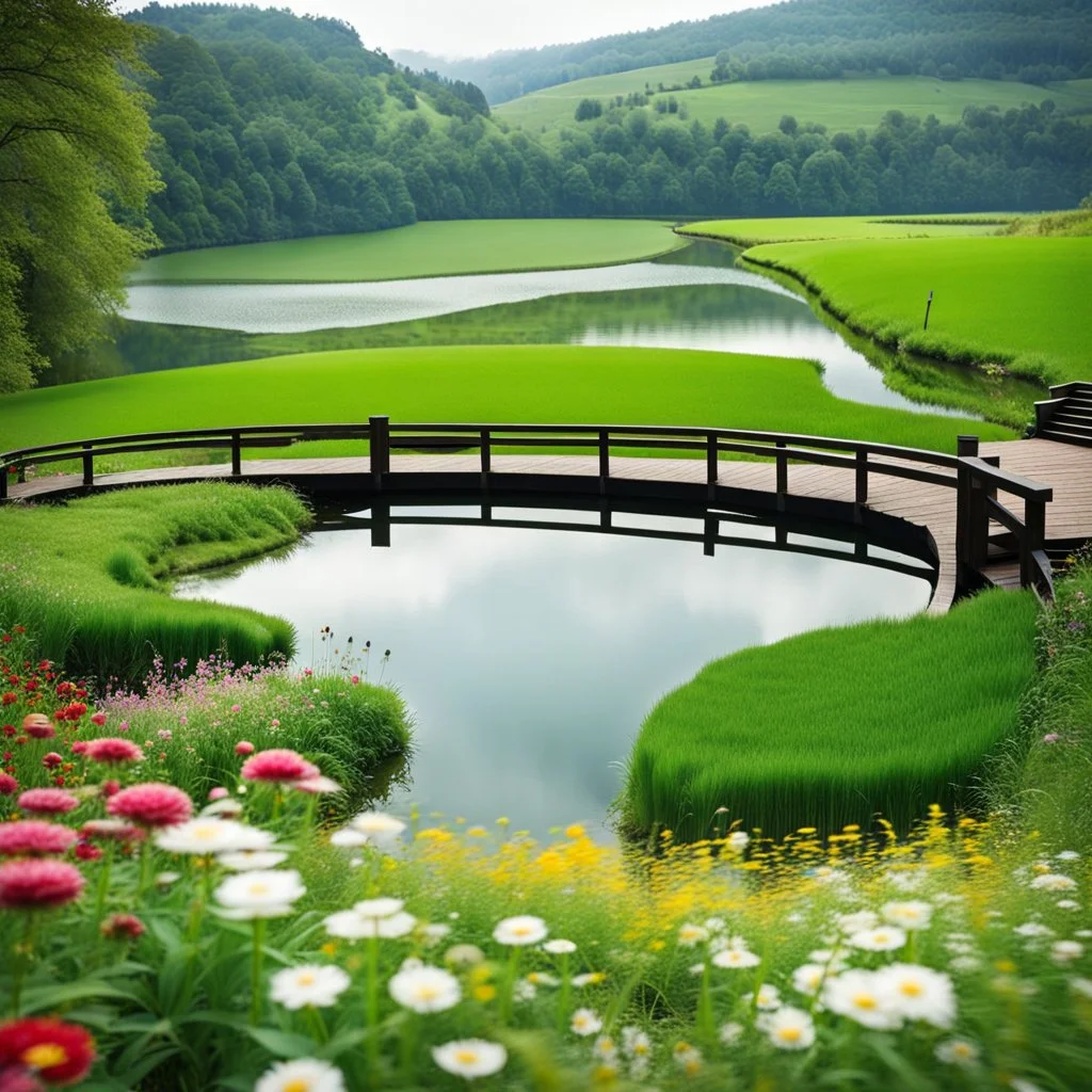 a round stage in country side in center of picture ,green field ,flowers , small river,camera looking at horison