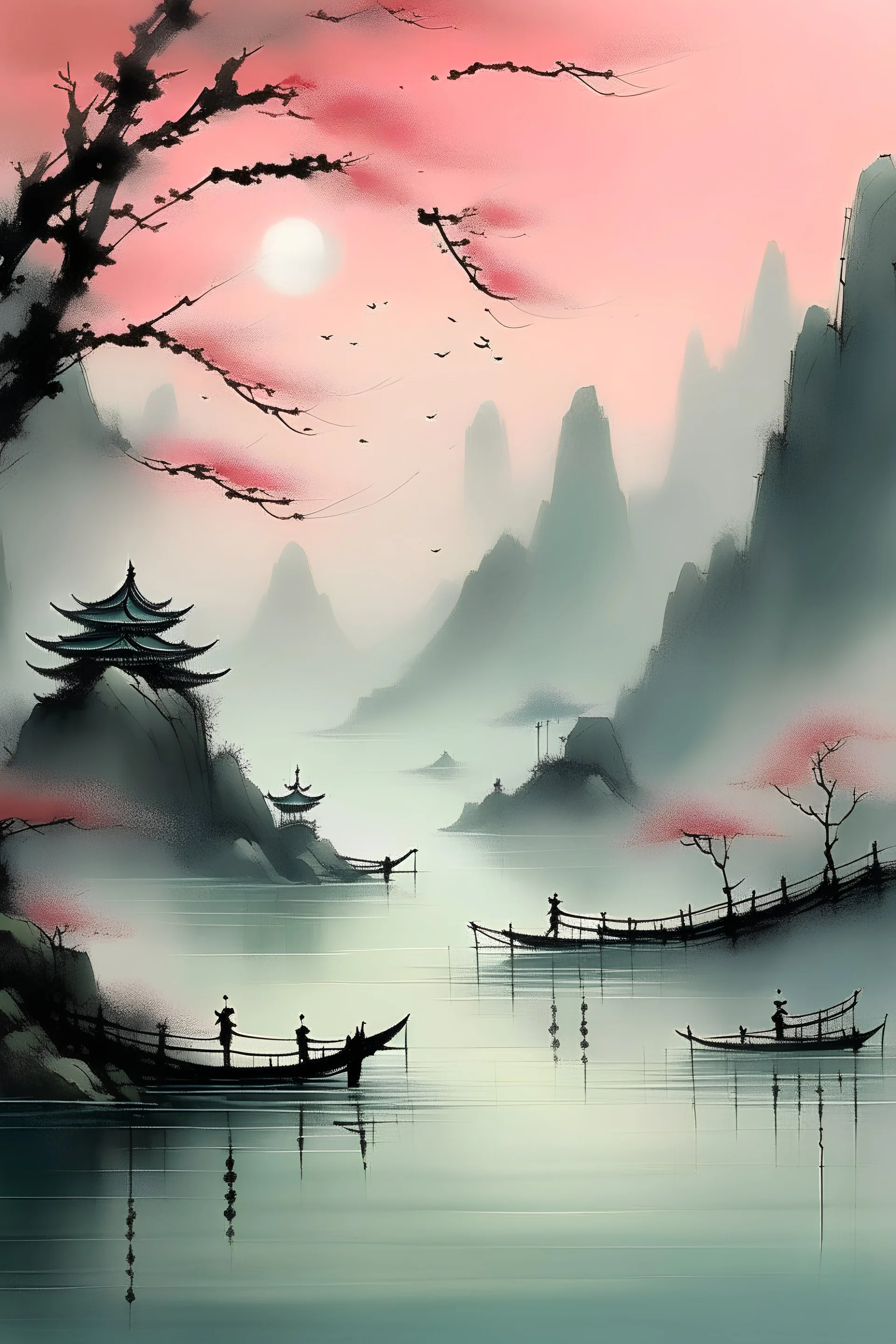 A misty mountain range with ancient temples perched on cliffs, overlooking a flowing river. Bamboo forests and cherry blossom trees surround the scene. Ethereal mist rises, and a stone bridge arches over the river. Traditional boats float on the water, with a tranquil dawn casting a gentle glow. Add pagodas, lanterns, and silhouettes of warriors practicing calligraphy. --style Chinese ink art