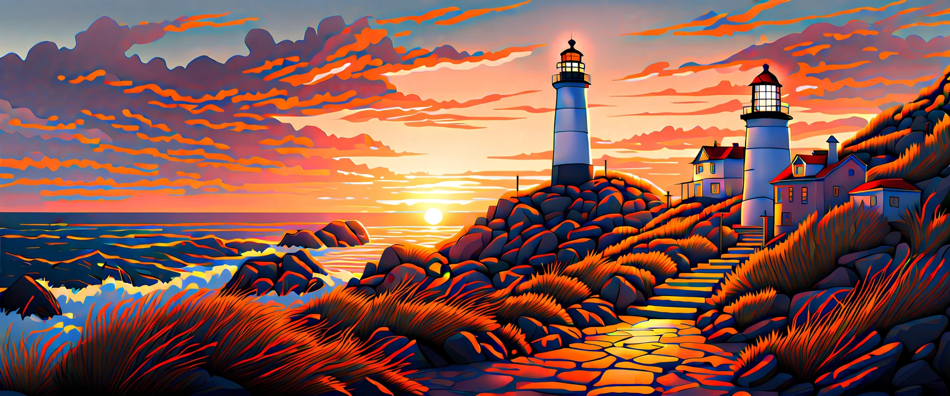 coastal street, intricated details, sunset, hill background, lighthouse, painting style, dramatic lighting