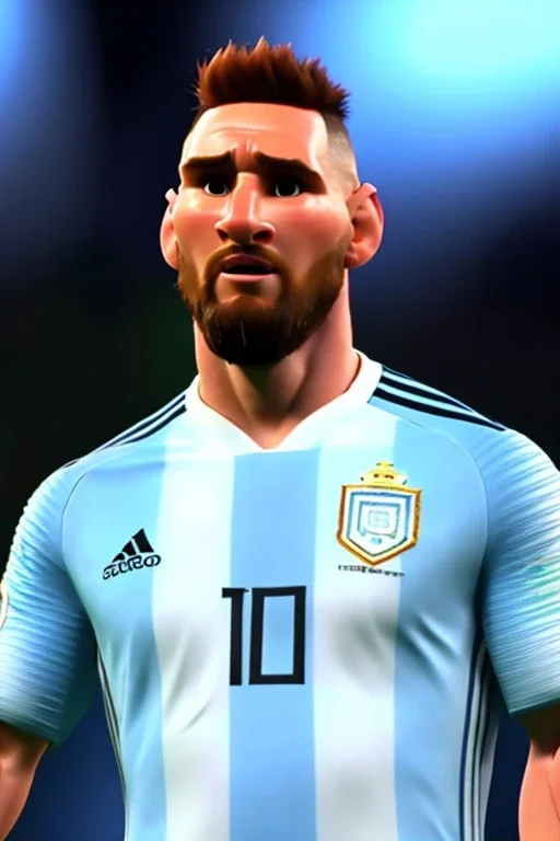 Realistic Messi Argentina soccer player Portrait, mid shot view, low view, 3d, photo studio, clean background, unreal engine 5, ray tracing, RTX, lumen lighting, ultra detail, volumetric lighting.