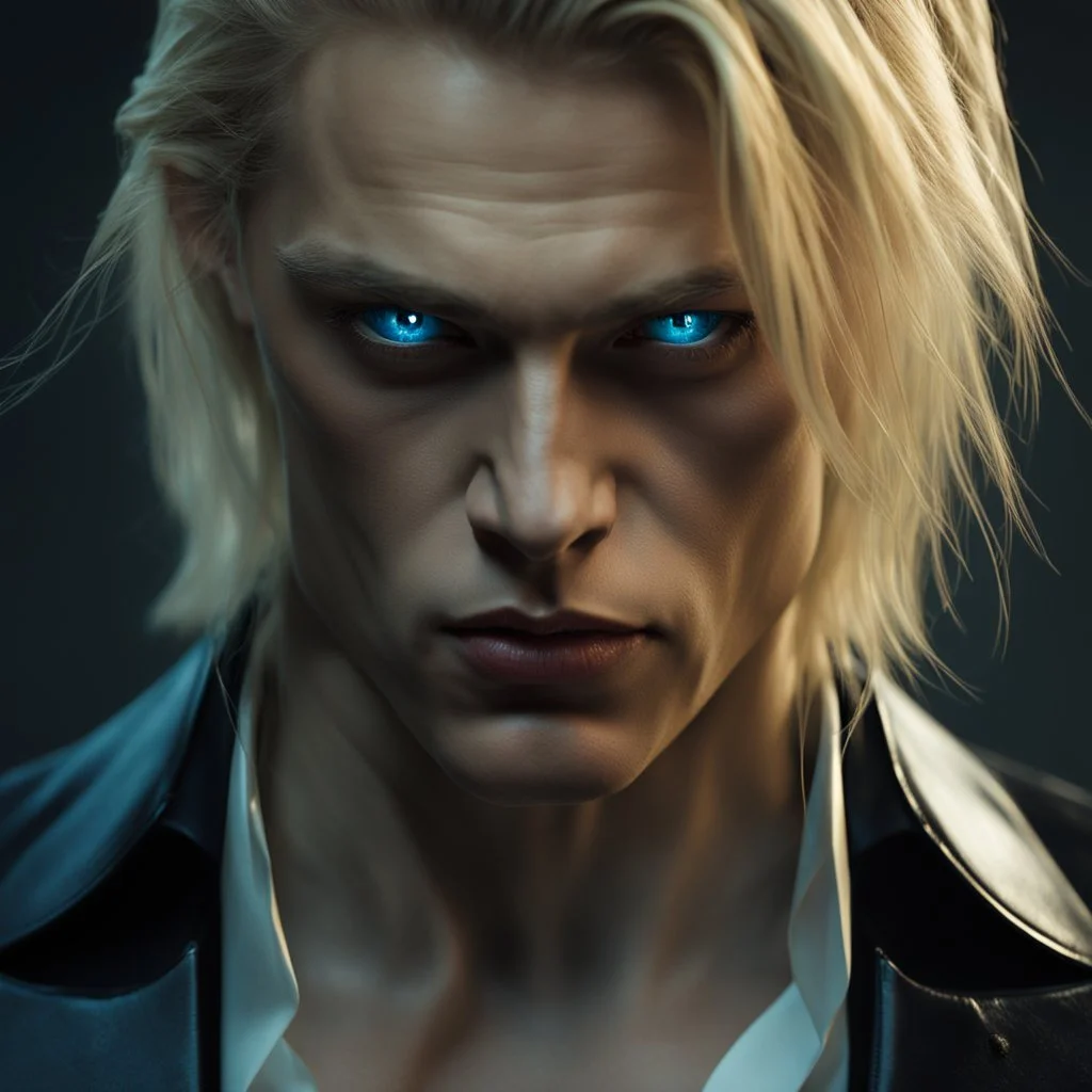 portrait of a malavolent stunningly handsome male aged 25, muscular, long blonde hair, blue eyes, wearing a dark suit, angry expression,4k, modern fantasy