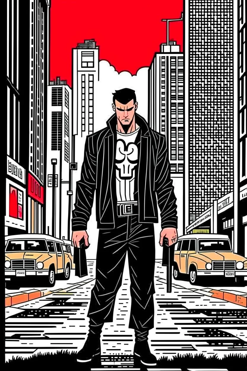 punisher sku;; CITY WALKING IN THE STREET TOWARDS THE CAMERA the style of Hiroshi Nagai