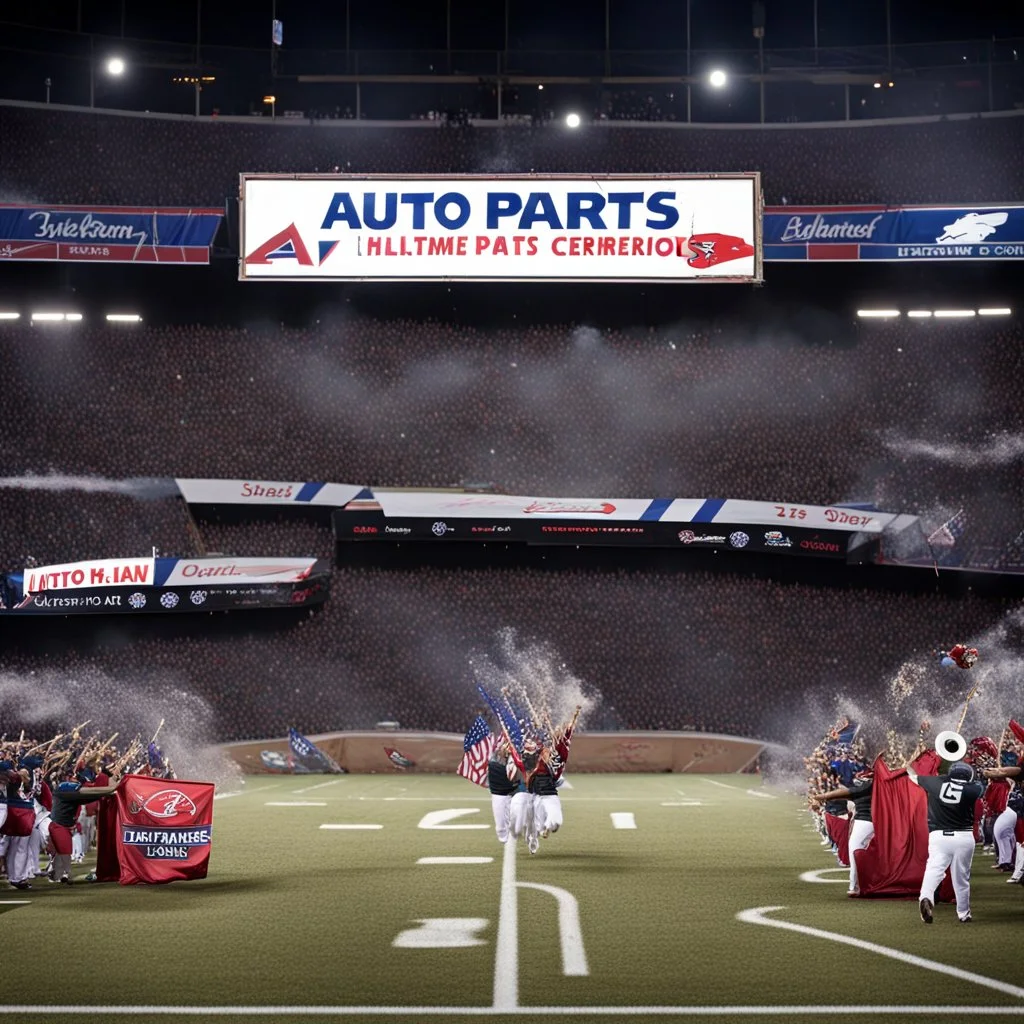 The halftime ceremonies are sponsored by an auto parts store.