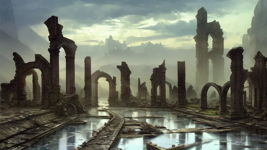 Destroyed City, medieval ruins, debris, stone, breched, brocken, Perspektiv from the sky, by Jean-Baptiste Monge, Ivan Bilibin, Albert Bierstadt, Reza Badrossama, watercolor ink, pencil sketch, splash art, intricate details, fantasy, beautiful, oil on canvas, award winning, imperial colours, fantastic view, radient colours, very attractive, crisp quality