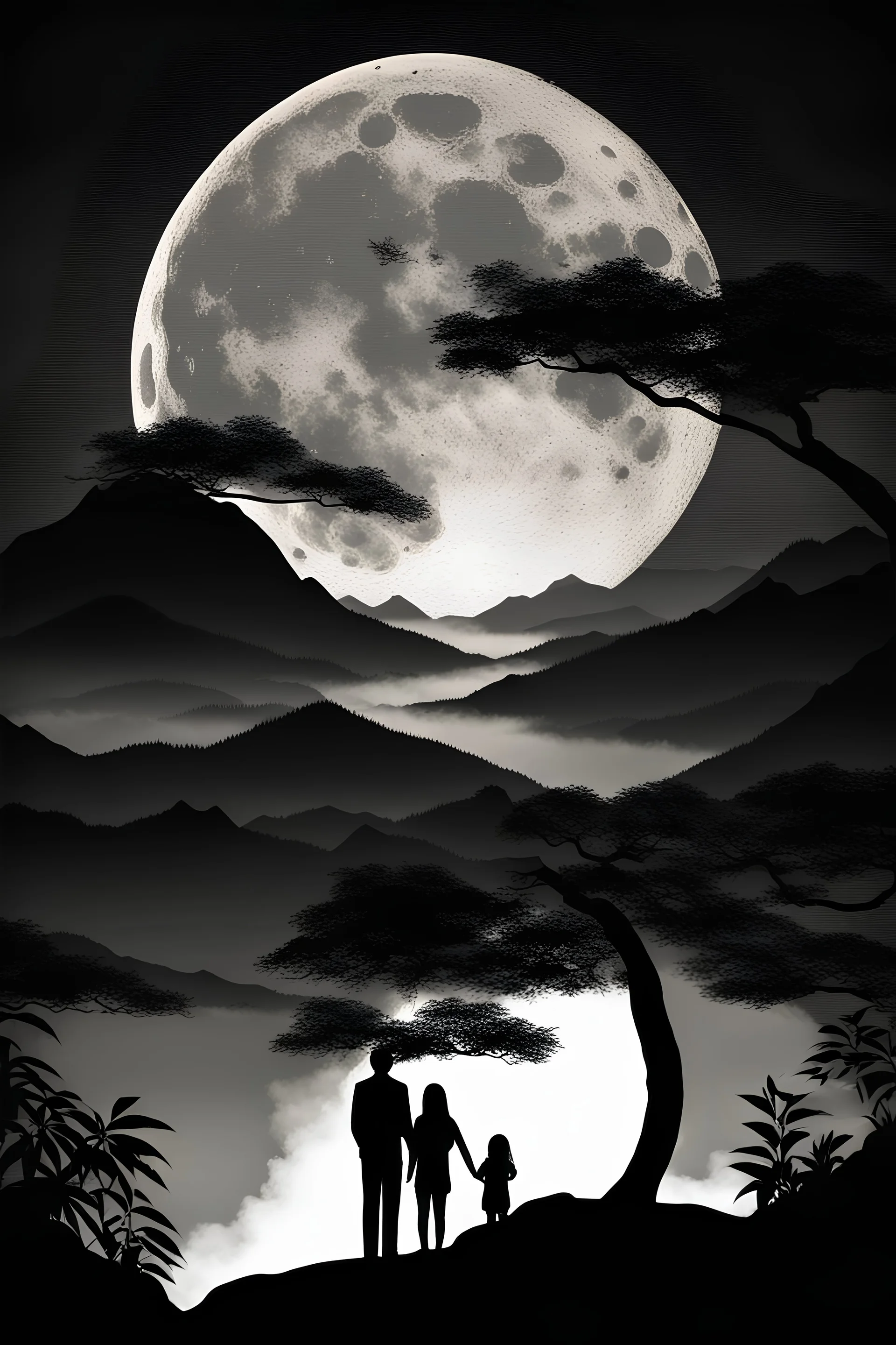Mom 180cm, dad 180cm and 2year old daughter 90 cm watching the most beautiful moonrise over the mountains. Silhouette from behind. Make the man Taiwanese and the woman Hispanic