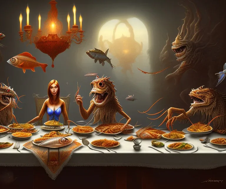 supper, fish sit at the table and eat pieces of people.