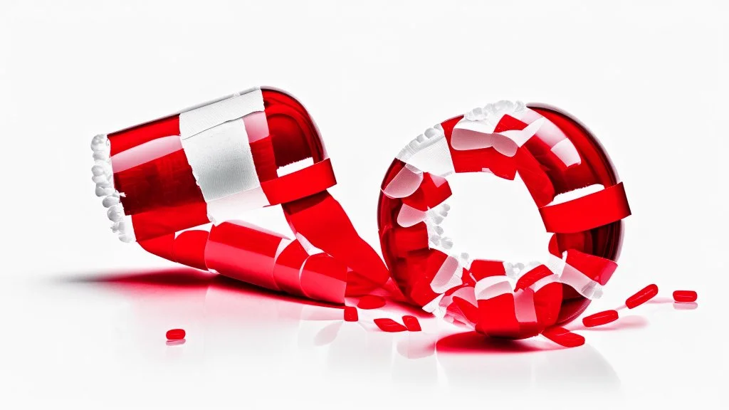 a bubble pack of red pills, next to torn red ribbon, on a white background