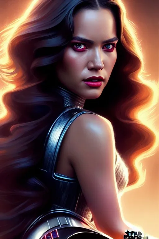 hiper realista, hiper detalhado, retrato de corpo inteiro, no estilo star wars, de uma mulher incrivelmente bonita, cabelos longos , olhos brilhantes, maquiagem, batom, arte de greg rutkowski, artgerm, wlop, rossdraws, boris vallejo