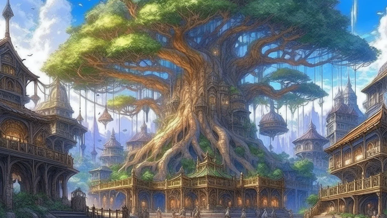 Highly detailed painted anime final fantasy artwork style, Giant tree, gorgeous shiny crystal tree Yggdrasil, at the bottom medieval fantasy city