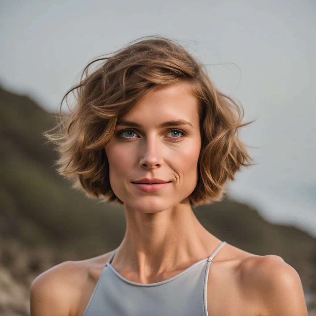 beautiful anorexic woman, standing frontal, short silver triathlon swimsuit, wavy bob haircut, photographed in front of beach, raw