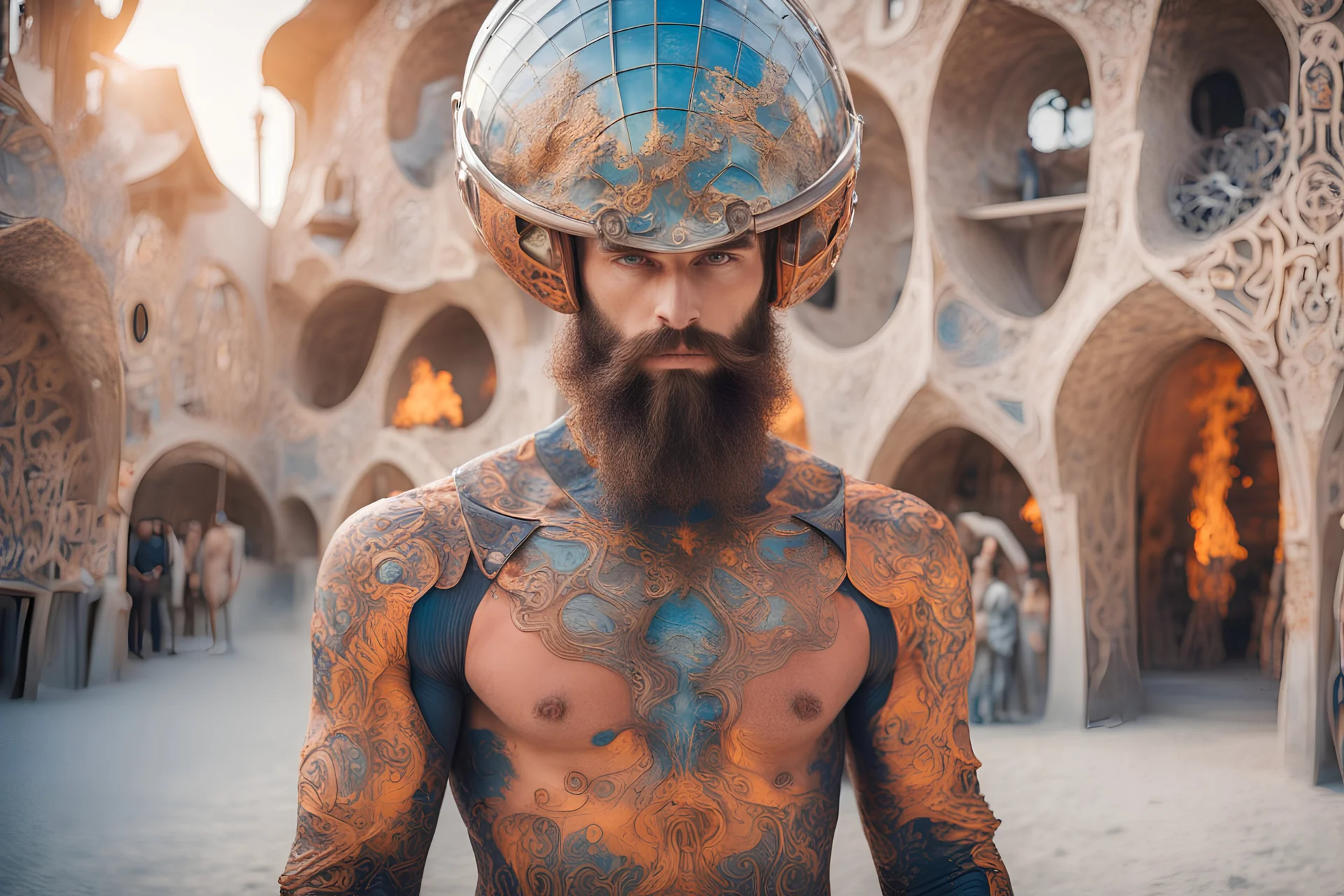 editorial photo,Otherworldly, Austrian Symbolism, arcane atmosphere, futuristic high detail handsome beard Actor guy with helmet glass shell Gods body-paint tight-fitting costume poses in the Gaudi BurningMan town by Elena Kalis, Peter McKinnon