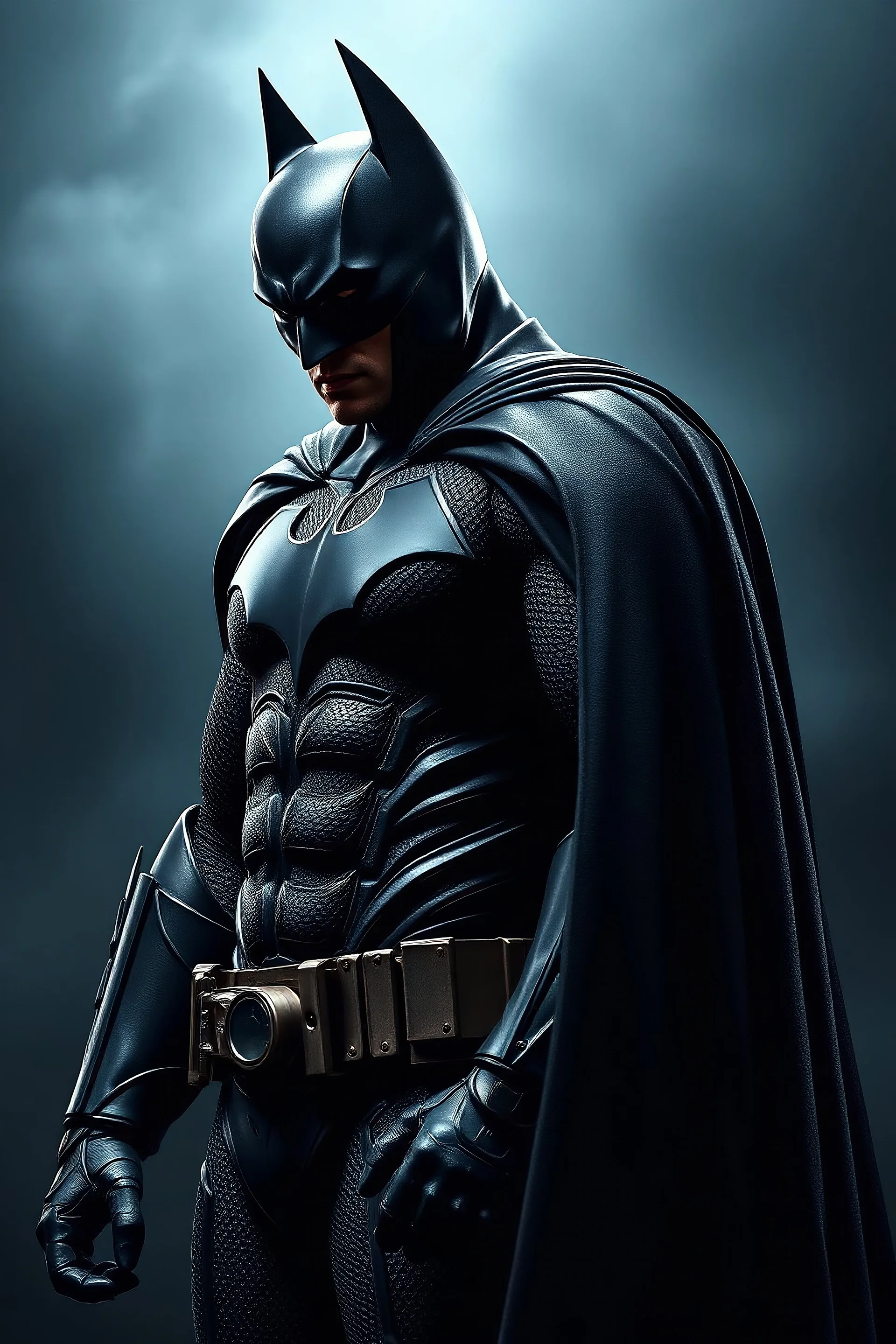 the dark knight realistic batman angry standing sideview and looking forward.