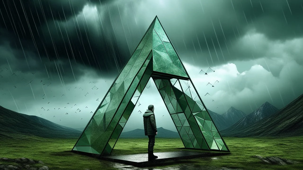 The 'Amazing Walk' displays a series of triangular elements, reaching 7 meters high with no internal columns, set against a stormy sky with dark clouds and rain, amidst a rocky mountainous terrain., sophisticated muted-green color scheme, iridescent style, bright and reflective atmosphere light effects, holographic background