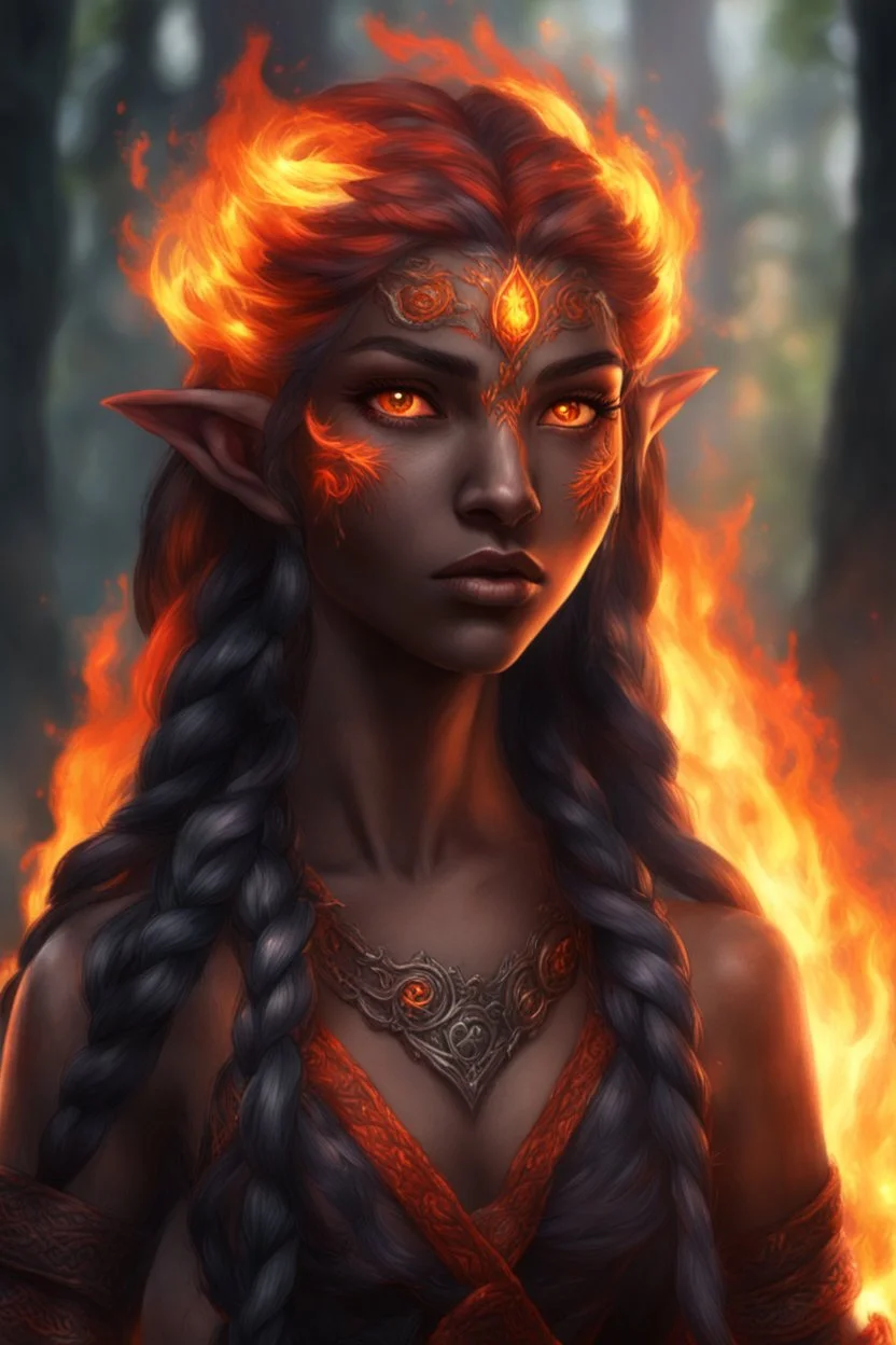 Fire Eladrin druid female. Hair is long and bright black part glows. Part of hair is braided and fire comes out from it. Big bright red eyes. Is generating fire with her hands. Skin color is dark. Has a big deep scar on face