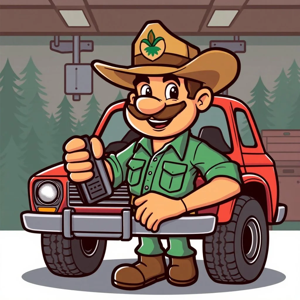 retro cartoon company mascot of a vehicle mechanic with a forest ranger shirt, doing an oil change