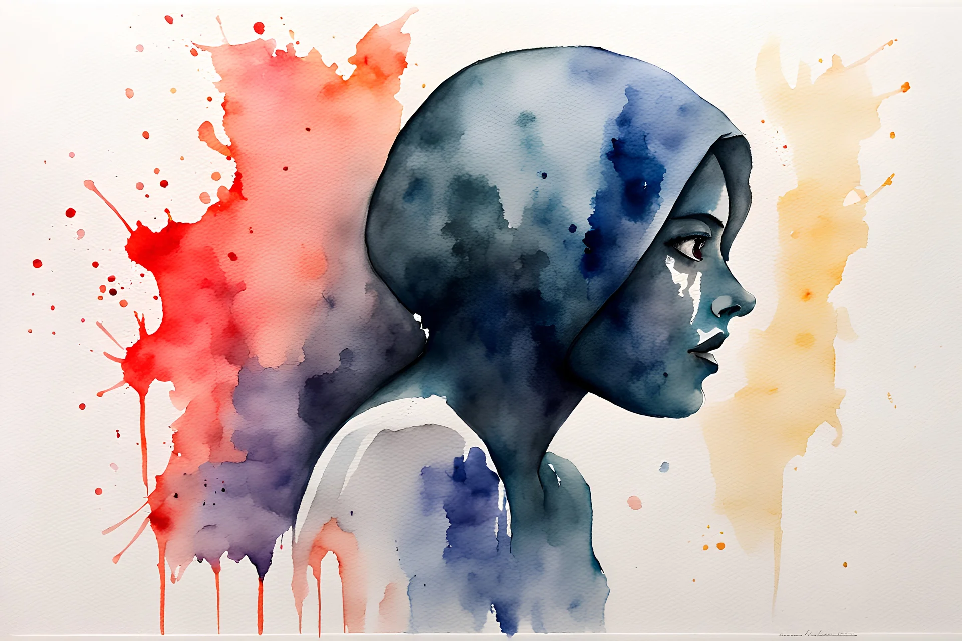 watercolor painting. Sex HIV. awful. shadow on the wall. minimalist. Iran. rehabilitation. watercolor Iran. hijab