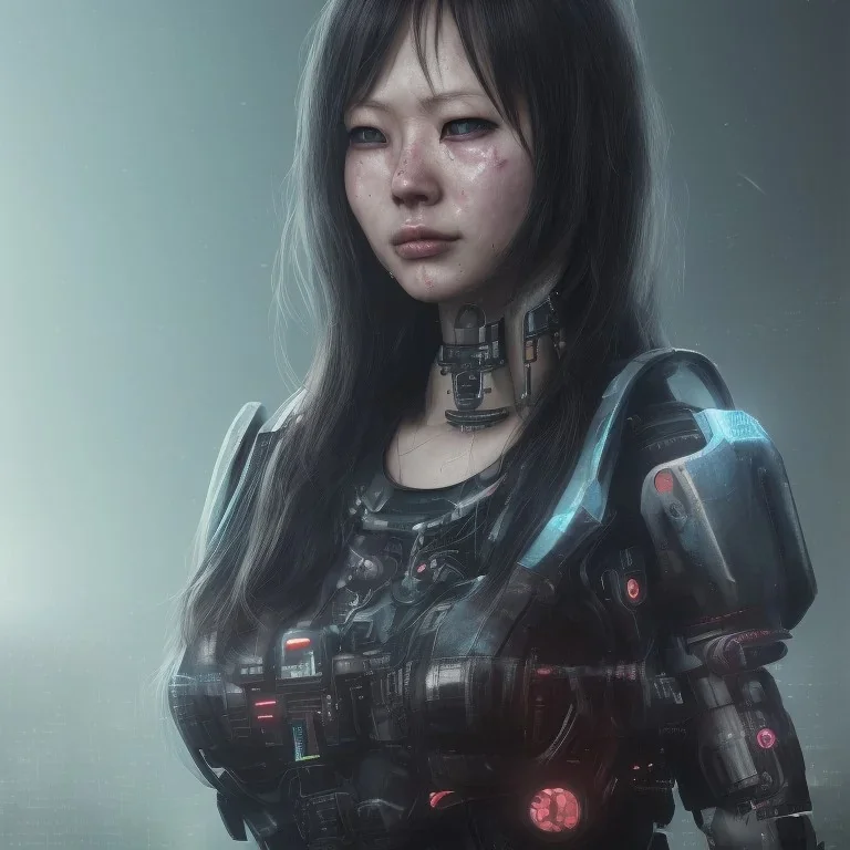 portrait closeup face crying half hitomi tanaka half cyborg middlecyborgs post-apocalypse in a cyberpunk city, sci-fi fantasy style, volumetric lighting, particales,highly detailed,cinamatic, intricate, deep colours,