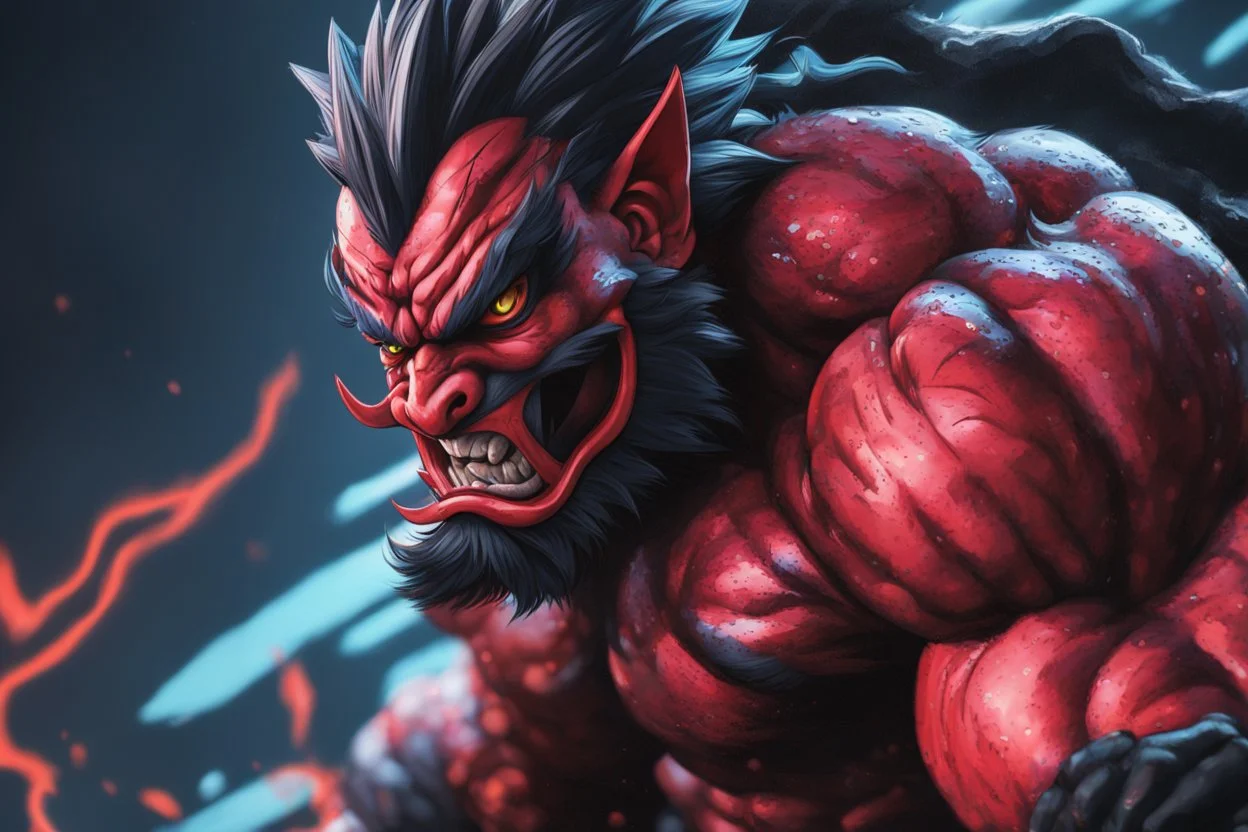 Akuma venom in 8k Hayao Miyazaki draw style, street fighter them, neon effect, close picture, rain, highly detailed, high details, detailed portrait, masterpiece,ultra detailed, ultra quality