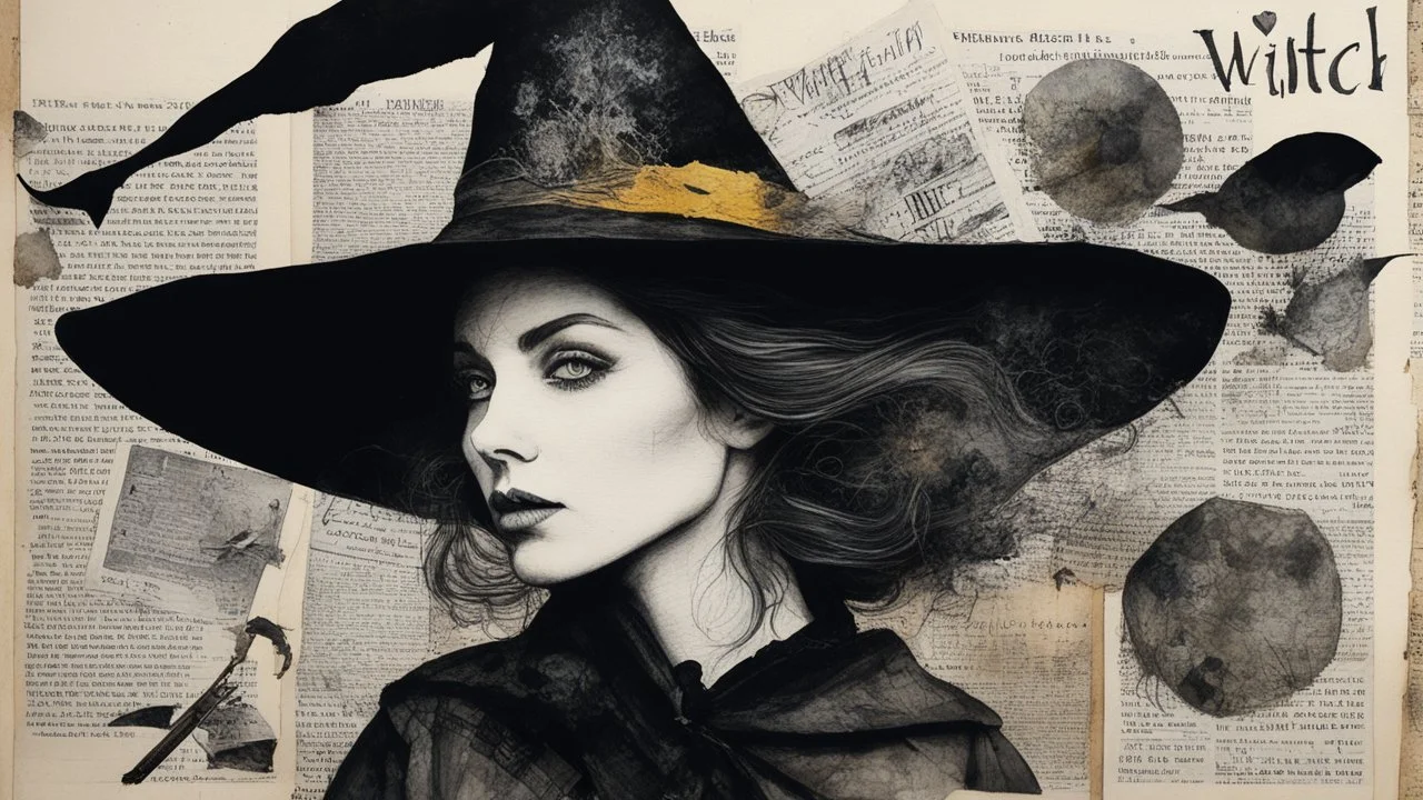 Witch, Collage. Beautiful portrait of a woman in charcoal and ink. Mixed media. Newspaper clippings, many photographs, love letters, Magazine style. Surrealism, Detailed. Alcohol ink. Worn texture. Crisp focus. Inked outlines. Hints of vibrant color. Authors: Katherine Welz-Stein and Sam Toft