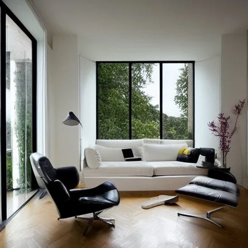 Modern Living room with a big full wall window, white Beaux Arts architecture,interior design,point of perspective,by Jean Baptiste Monge