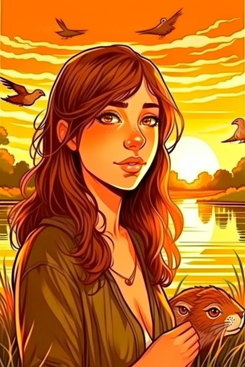 girl, brown hair, brown eyes, sunset, nature in the background with animals, handdrawn, river