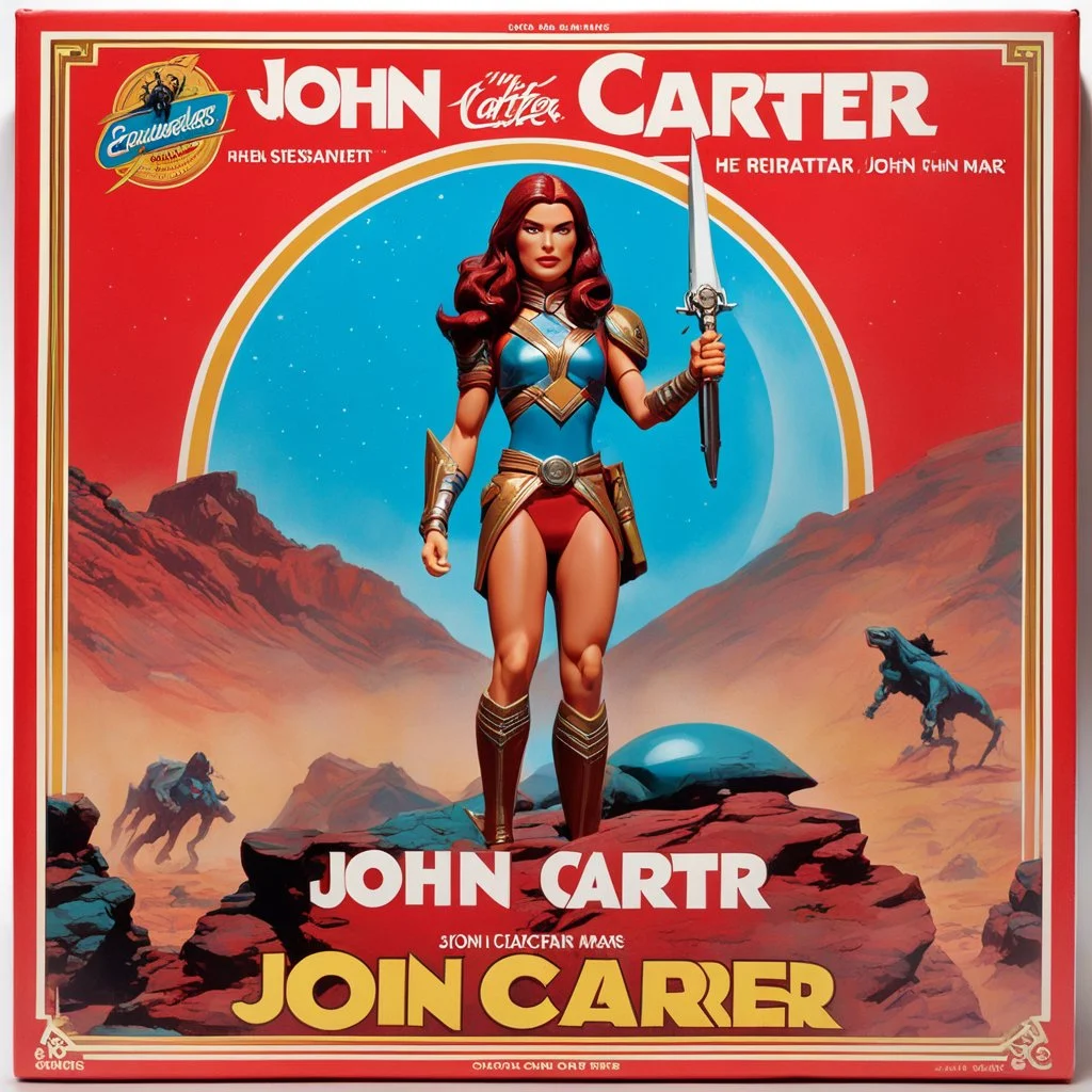 A photograph of a pristine action figure encased in its packaging, evoking a sense of collectible wonder, styled after a vintage toy advertisement. The box prominently displays "John Carter" in bold, stylized lettering, with the action figure inside clearly resembling John Carter of Mars, possessing his iconic sci-fi fantasy features: her long red hair, he wears his iconic Arm bands, bracelets, and thigh straps and Martian boots, in the box: a beautifully ornamented long-sword, a Radium Barsoomi