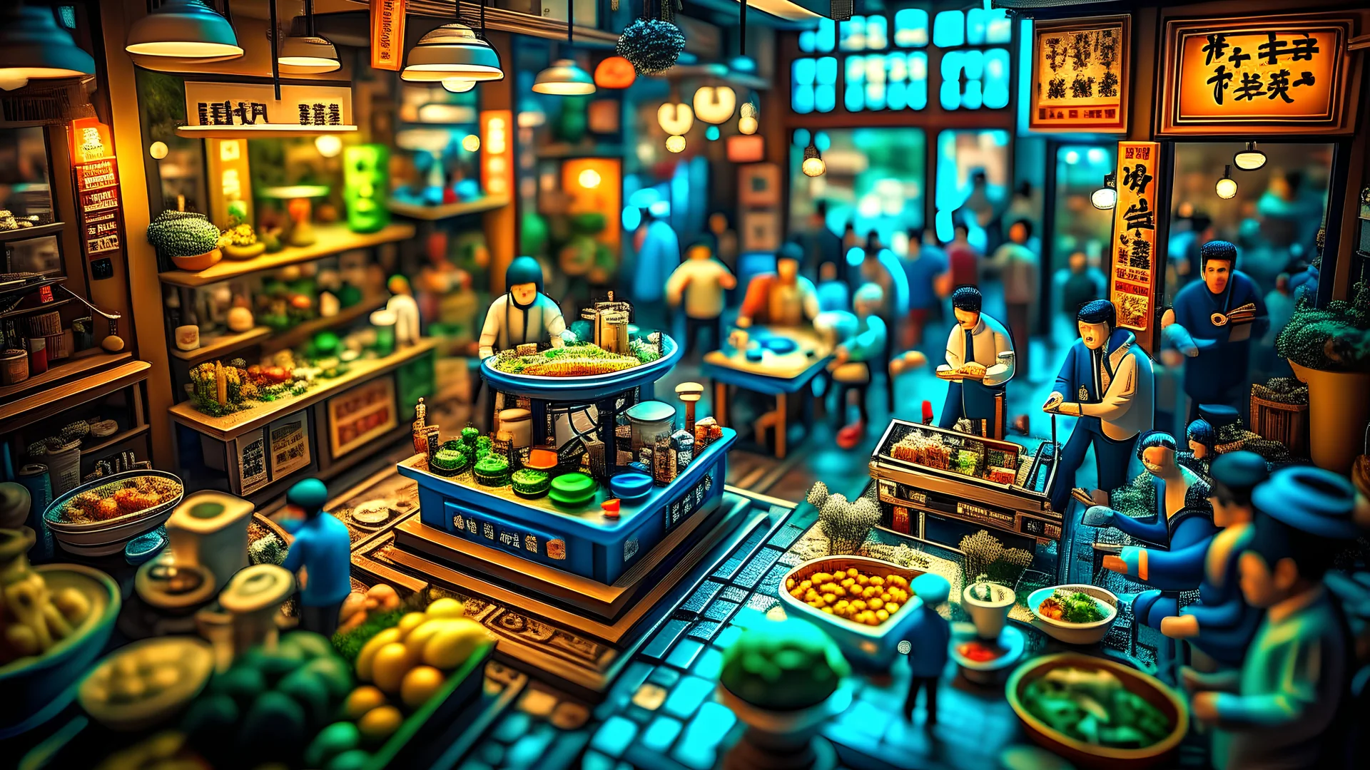 tilt-shift photo of a crowded hotpot restaurant, miniature people eating, chefs making food, people at work, creative photography, miniature photography, beautiful lighting, ultra-detailed, unreal engine 8k, tiny people, video game masterpiece