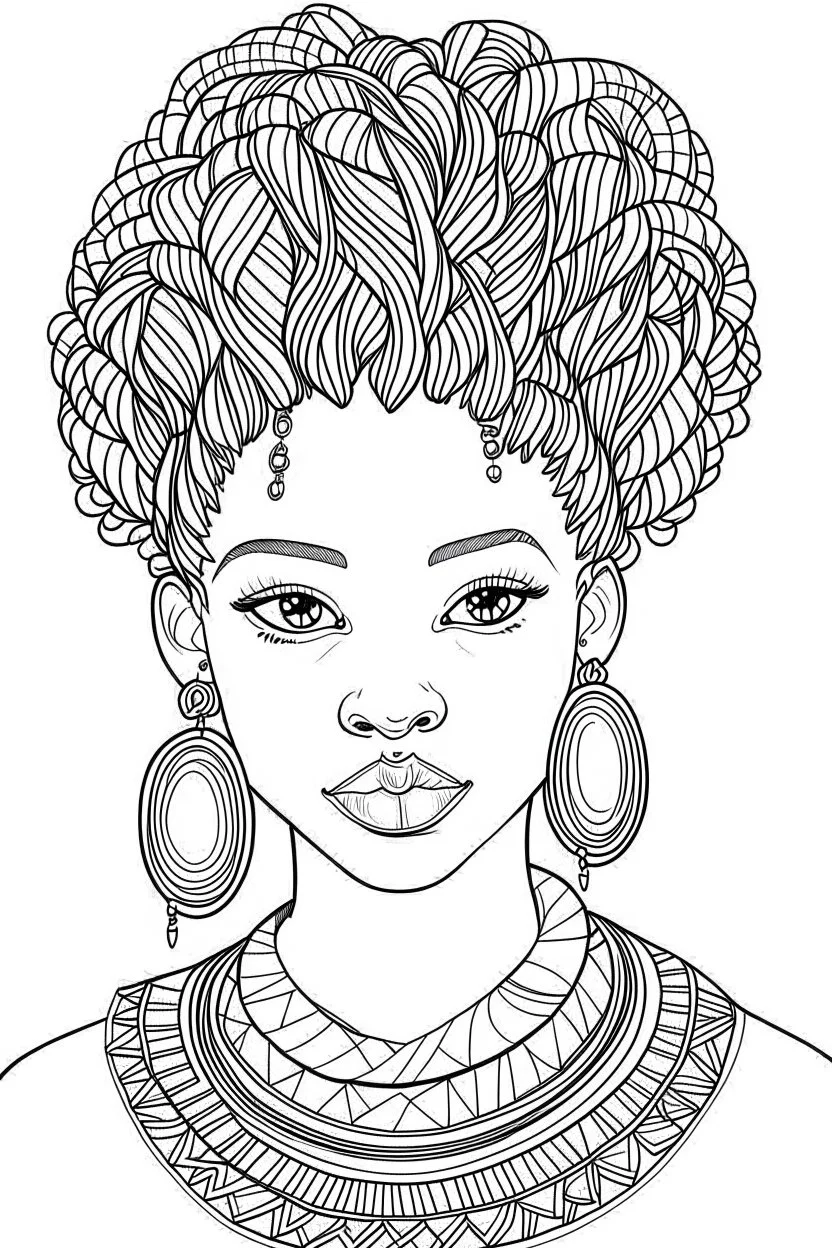 african girl face coloring page with beautiful hairstyle