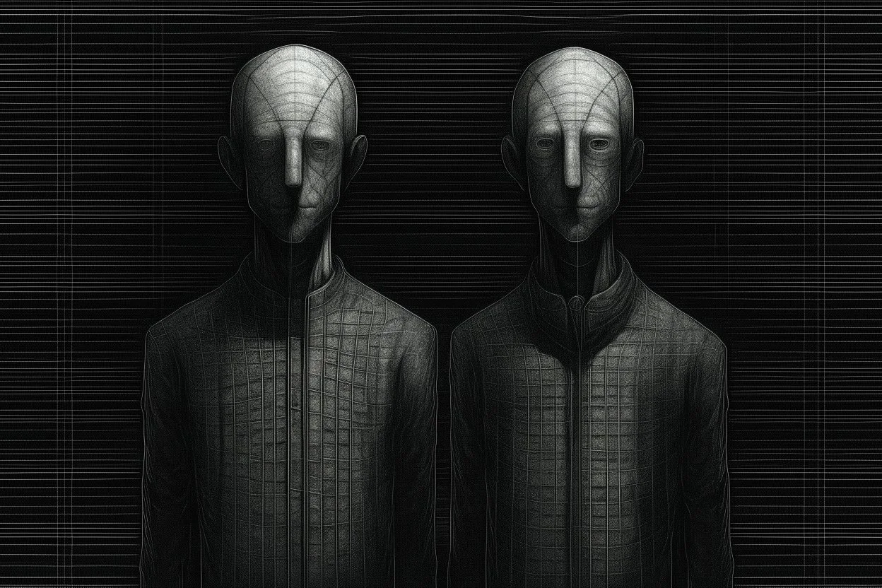 monochrome, cardboard figure on the left of the picture, stocky human figure with a head tilted to the left, almost no neck, no face or hair, schematic drawing, against a dark grey background with a symmetrical pattern, a lighter grey, almost monochrome, in moonlight, crayon drawing in shades of grey and black, ethereal, cinematic postprocessing